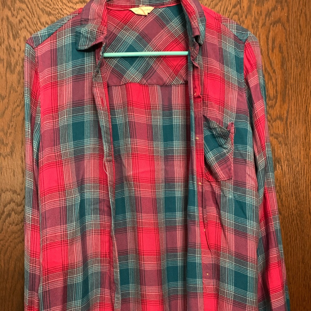 Pink and turquoise plaid flannel top